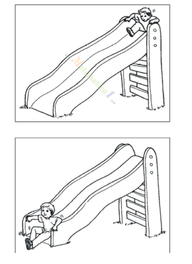 a black and white drawing of a child going down a slide