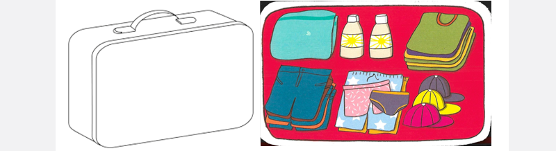 drawings of suitcases with clothes inside