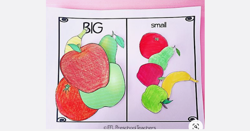 cut out drawings of objects like apples, pears, and other fruit