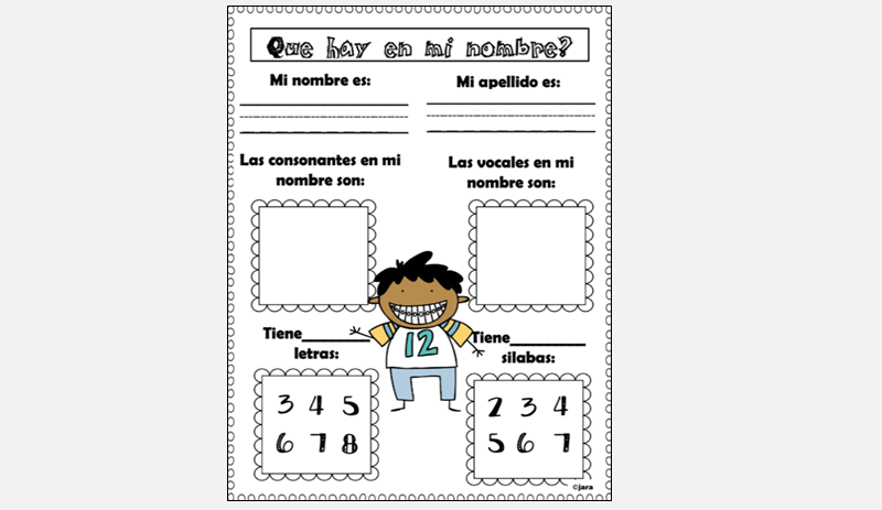 a worksheet with a drawing of a boy in the center