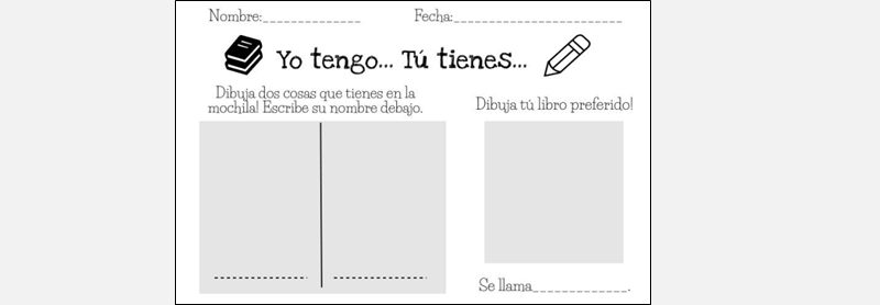 a worksheet with the phrase "yo tengo" and "tu tienes"