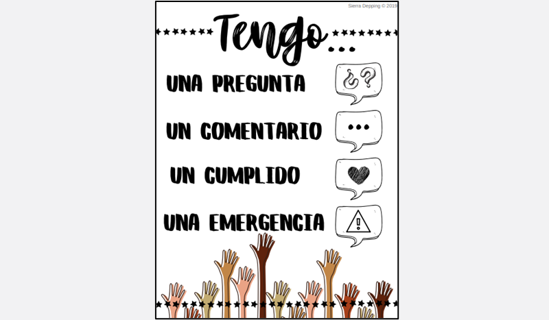 a classroom poster with phrases such as "tengo una pregunta," etc.