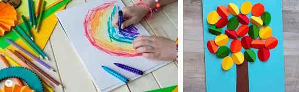 examples of different coloring activites for children, including a rainbow