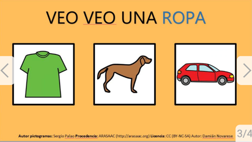 pictures of a shirt, dog, and car (labeled veo veo una ropa)