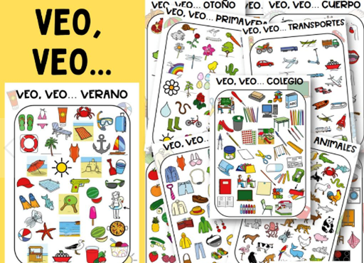 a game card with many images of diverse objects (labeled veo veo)